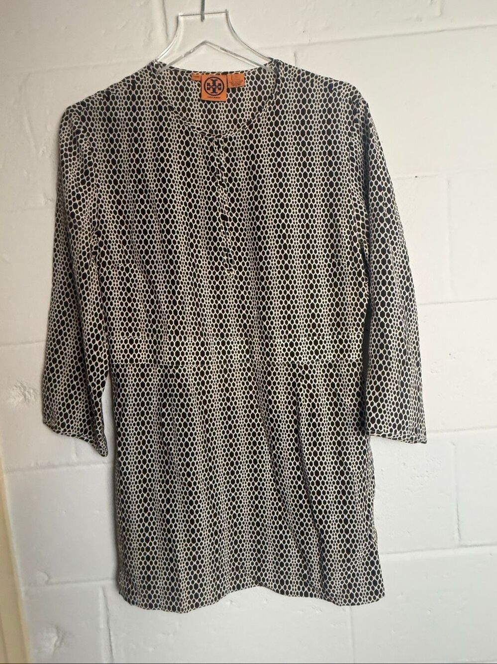 Tory Burch Women’s Size 12 100% Silk Tunic Blouse Brown Ivory Geometric Print